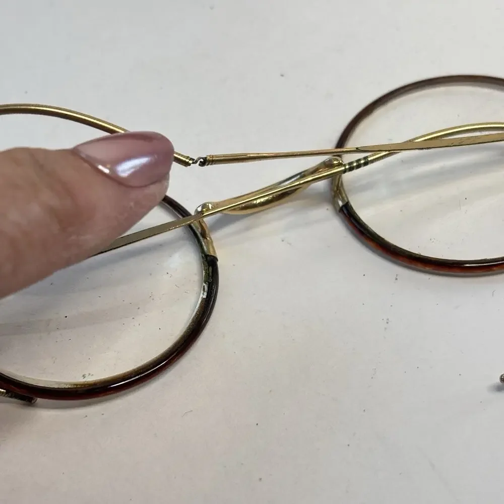 Antique 1/10 12K GF Horn Rim Eyeglasses Round Cable Temple Frames Case AS IS